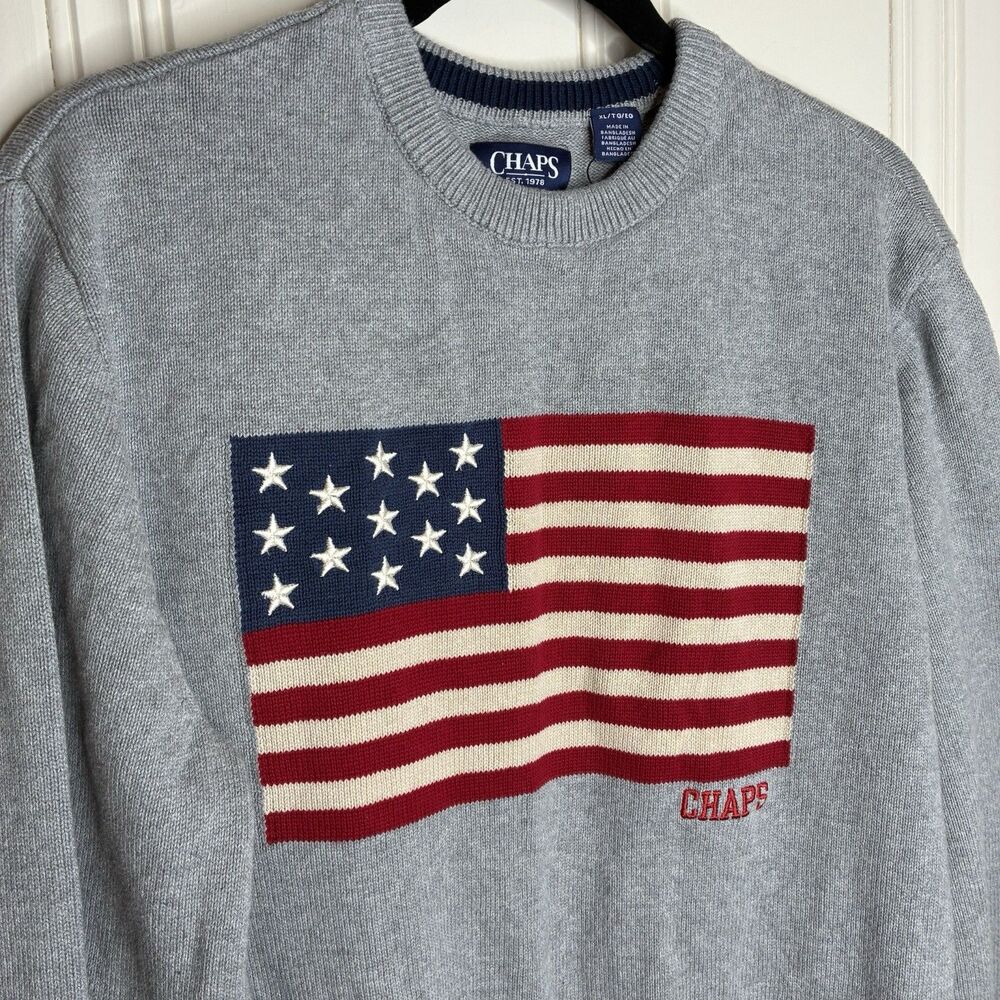 Chaps‎ 100% Cotton Men’s Crewneck Flag Sweater Sz XL Gray Embroidered Stars USA